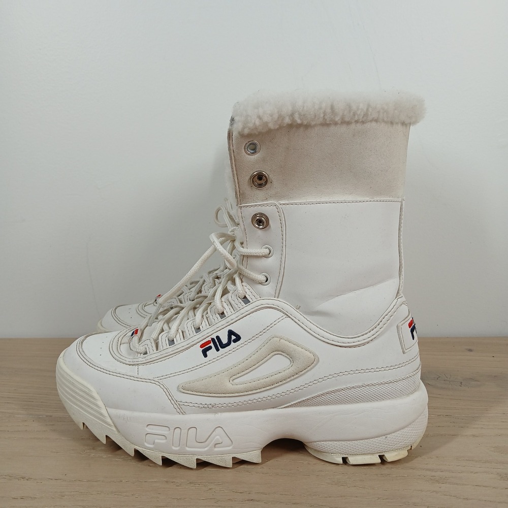 Fila Boots Women 9 White Leather Faux Fur Lace Up Platform Winter